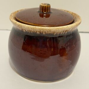 Vintage Gloss Brown Drip Glaze Covered Sugar Bowl, Hull Pottery, USA